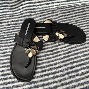 Vera Wang Lavender Label Bow ‎ Embellished Black Leather Flip Flop Slide 8.5M
